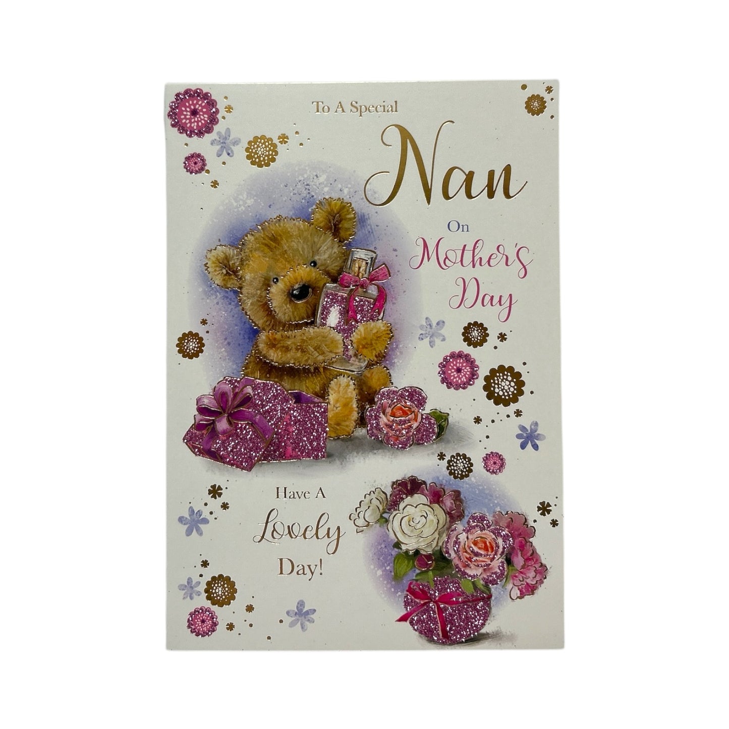 To A Special Nan Cute Teddy With Perfume Bottle Design Mother's Day Card