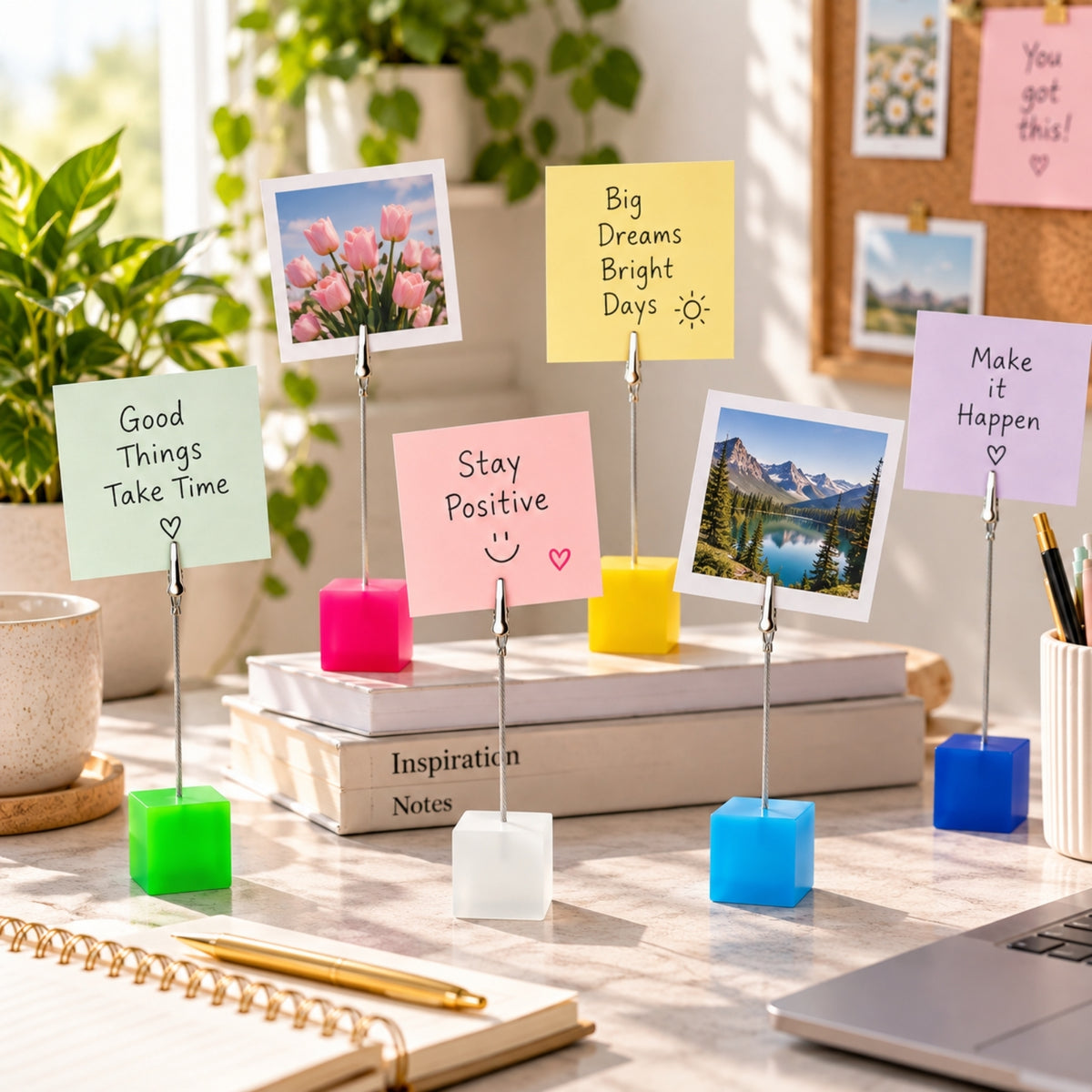 Pack of 6 Photo Holder Clips with Square Silver Coloured Resin Base