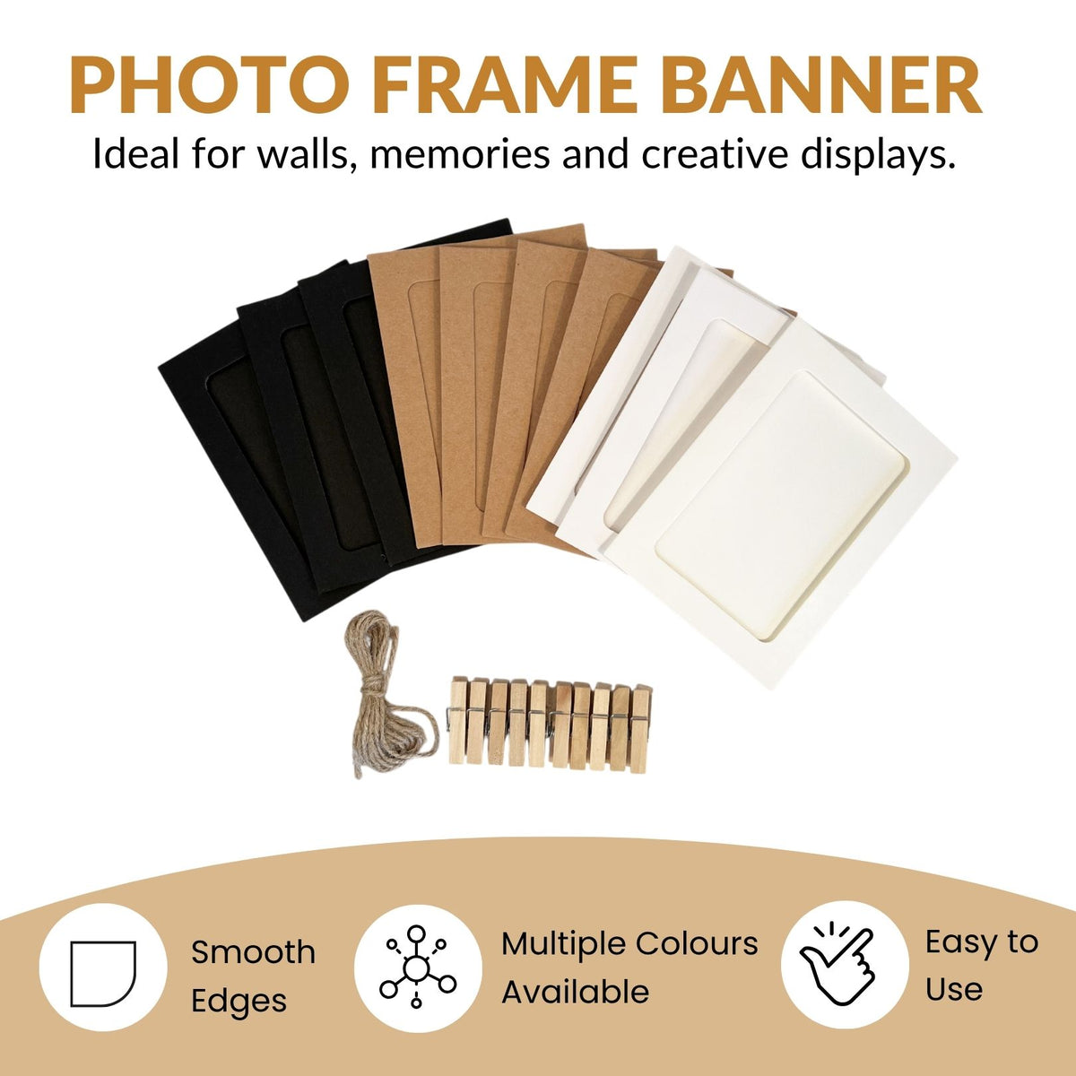 Kraft Photo Frame Banner Set with Wooden Pegs and Hemp Twine