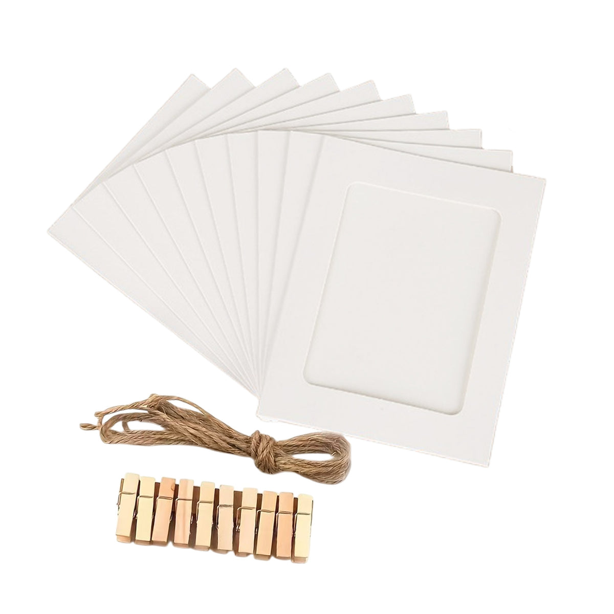 White Photo Frame Banner Set with Wooden Pegs and Hemp Twine