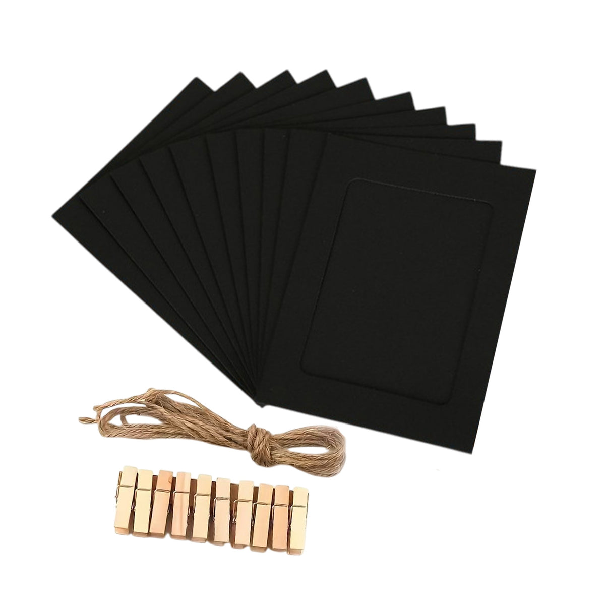 Black Photo Frame Banner Set with Wooden Pegs and Hemp Twine