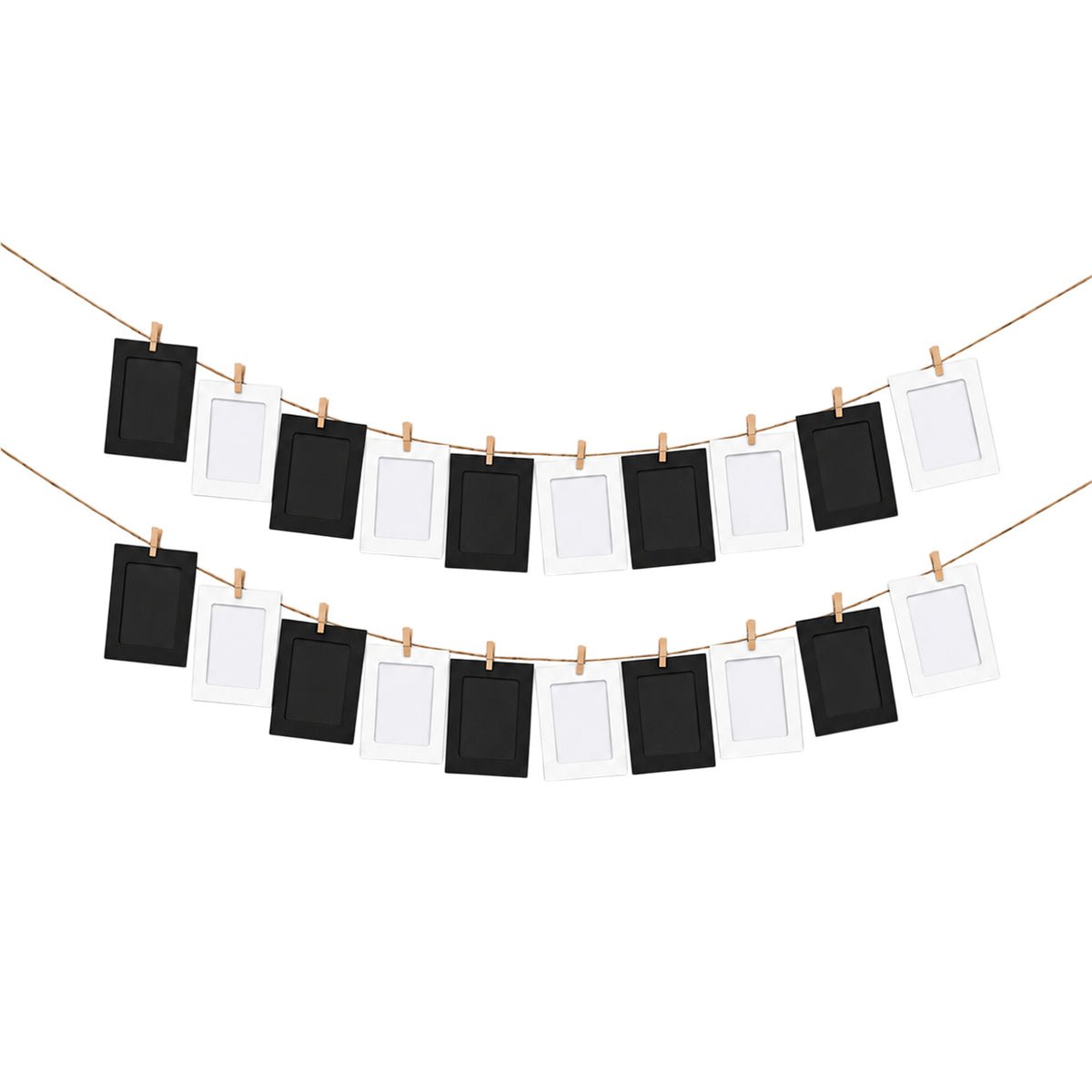 Black & White Photo Frame Banner Set with Wooden Pegs and Hemp Twine