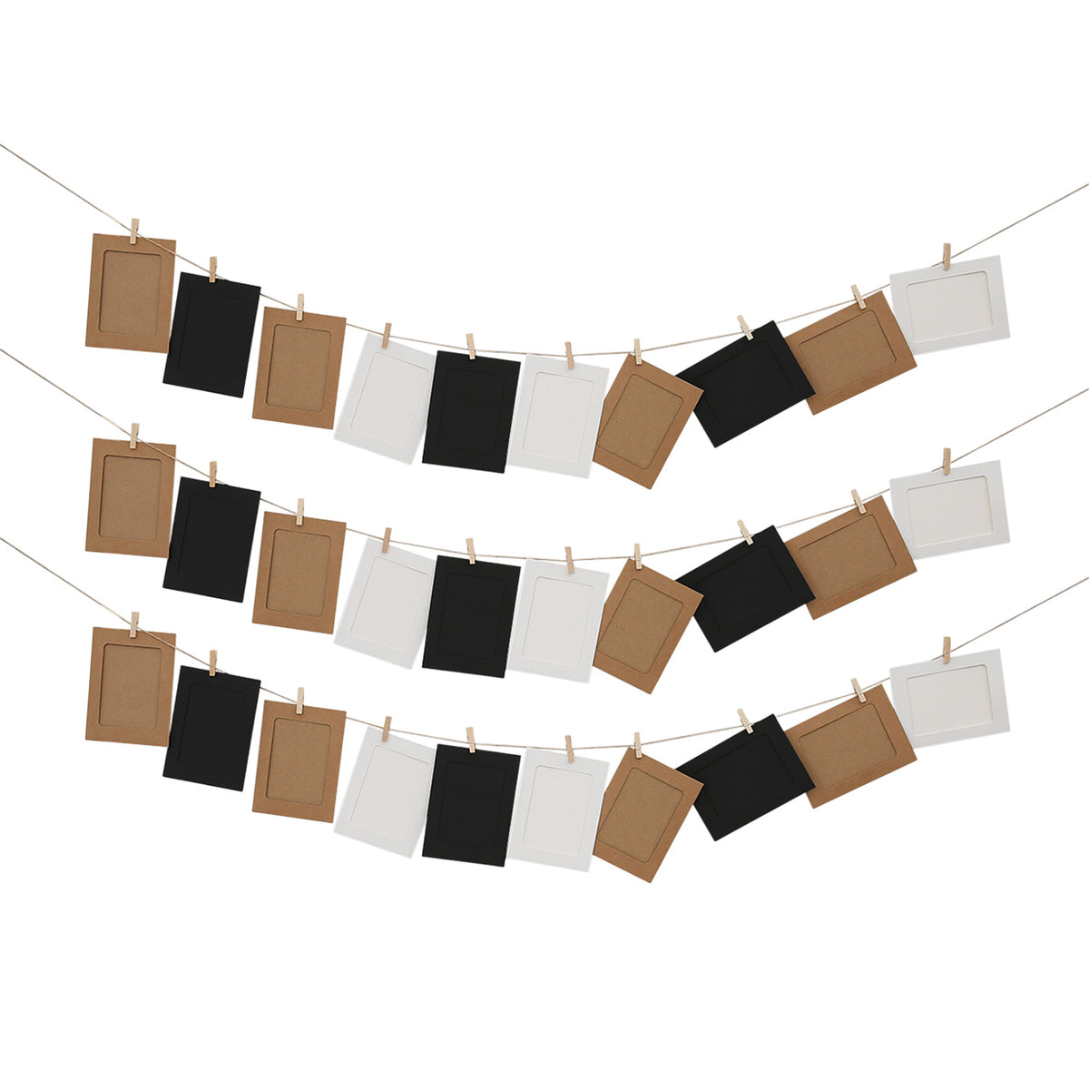 Black, White & Kraft Photo Frame Banner Set with Wooden Pegs and Hemp Twine