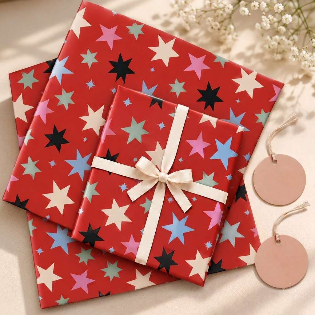 Pack of 2 Starburst Design 50 x 70 cm Gift Wrap Sheets with 2 Tags - Christmas Birthdays Festive Gifting