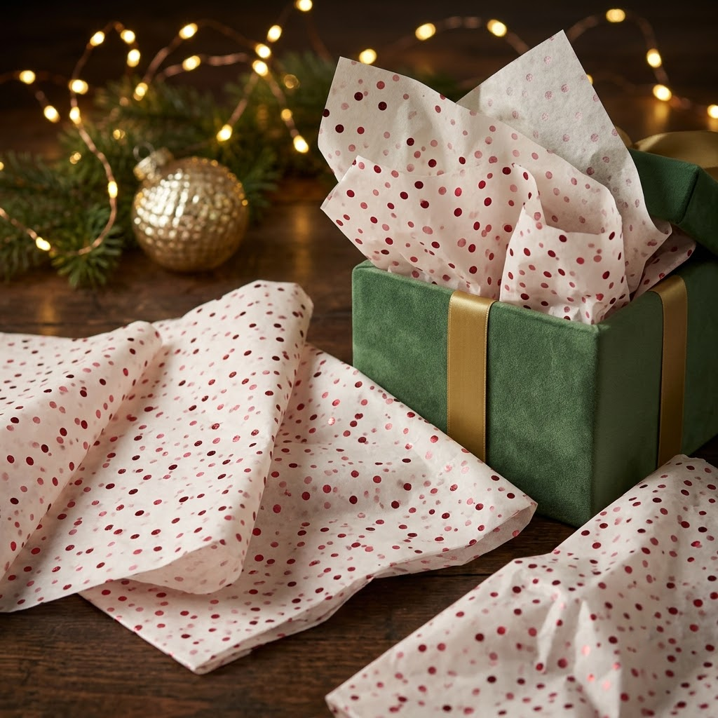 Pack of 5 Confetti Dots Design 50 x 70 cm Luxury Red Foil Tissue Sheets - Christmas, Birthday, Valentine