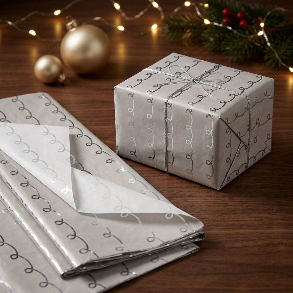 Pack of 5 White Swirl Band Design 50 x 70 cm Luxury Silver Foil Tissue Sheets - Wedding, Anniversary