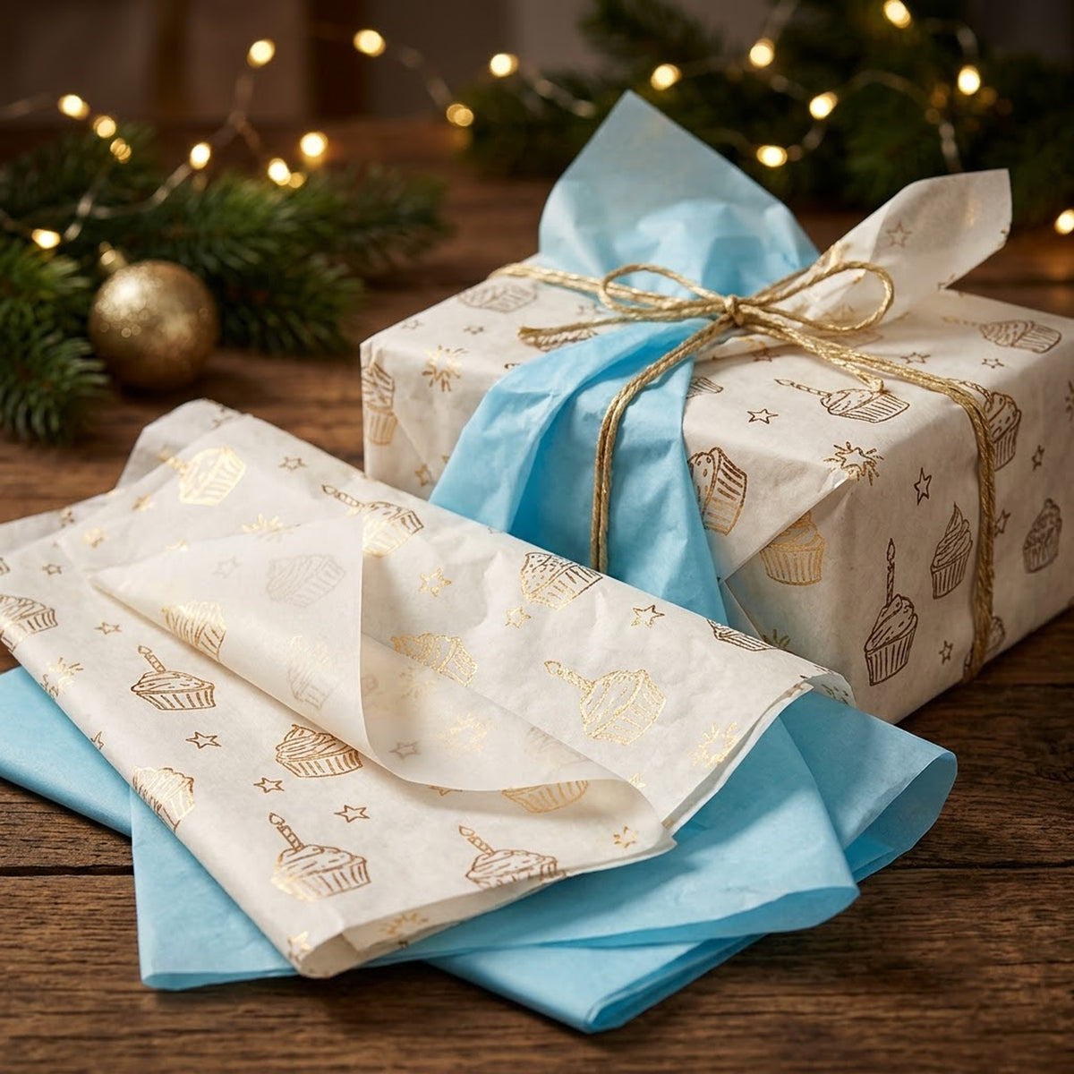 Pack of 8 Sweet Celebration Luxury Gold Foil Design & Plain Sky Blue 50 x 70 cm Tissue Sheets - Birthday, Cake, Boys