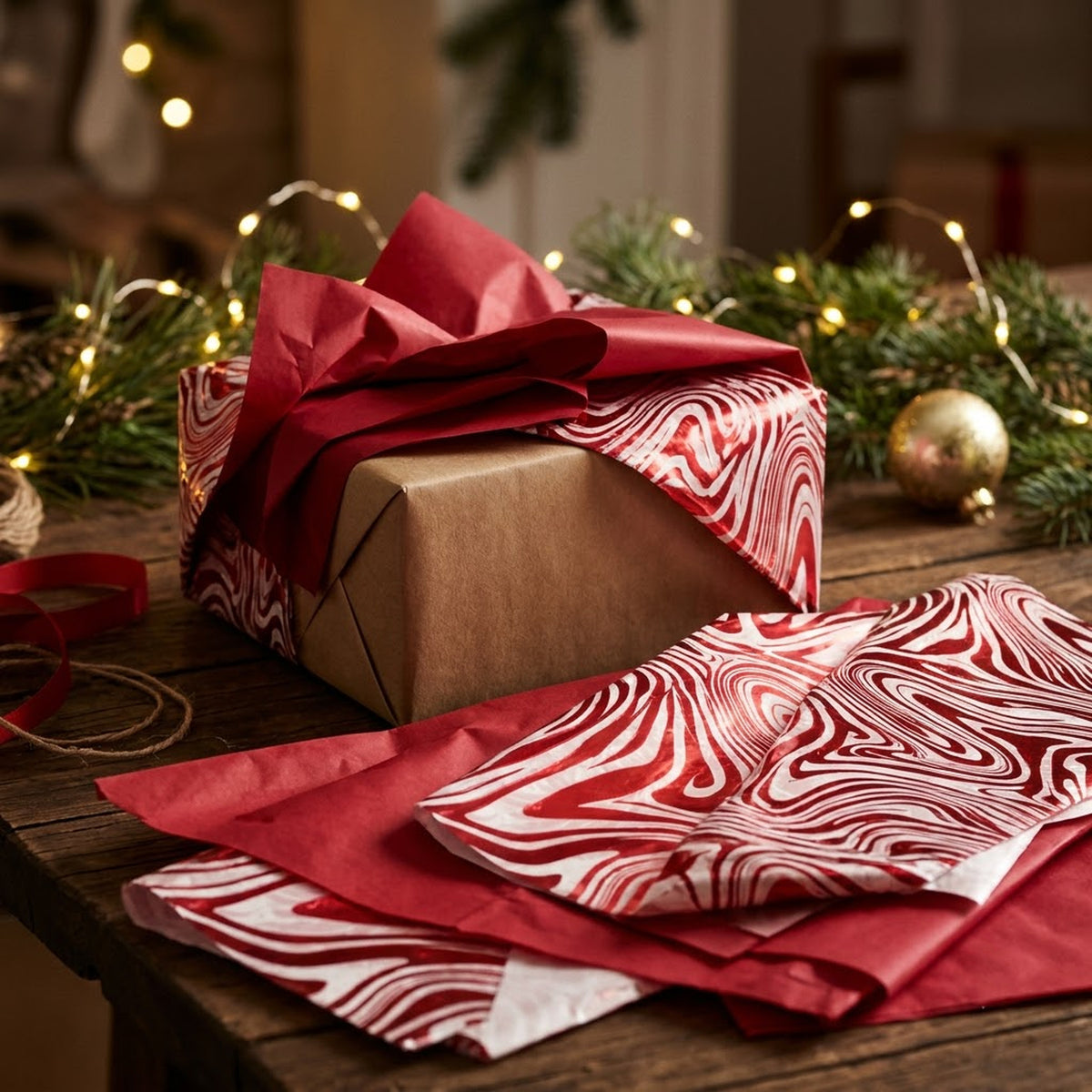 Pack of 8 Elegant Marble Luxury Red Foil Design & Plain Red 50 x 70 cm Tissue Sheets - Christmas, Valentine, Wedding