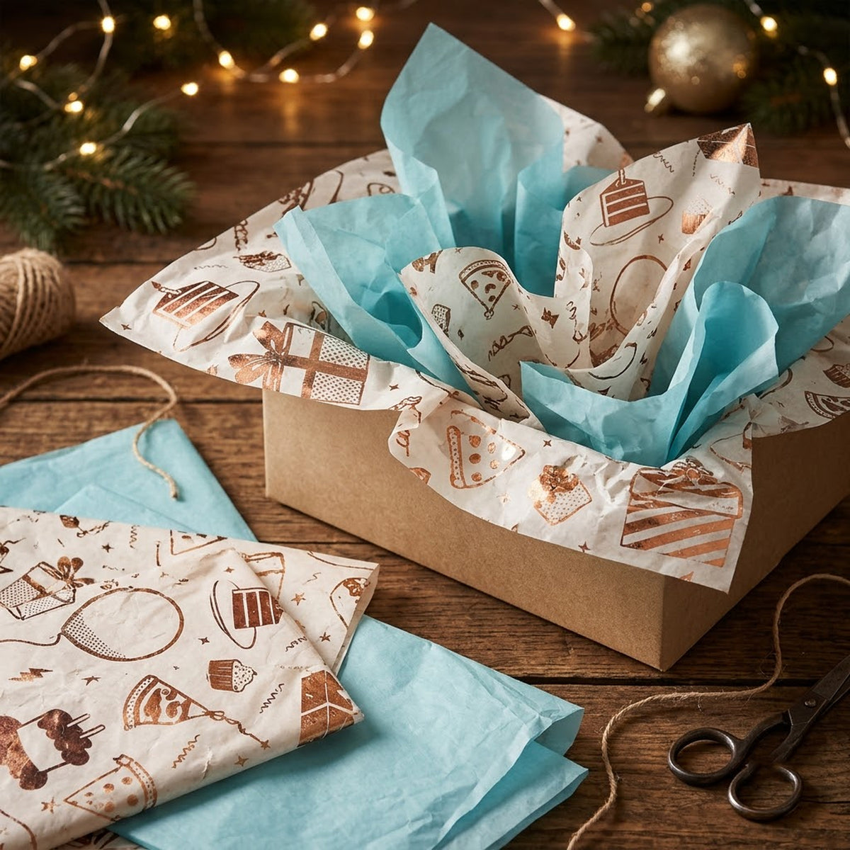 Pack of 8 Birthday Bliss Luxury Gold Foil Design & Plain Sky Blue 50 x 70 cm Tissue Sheets - Boys, Cake, Celebration