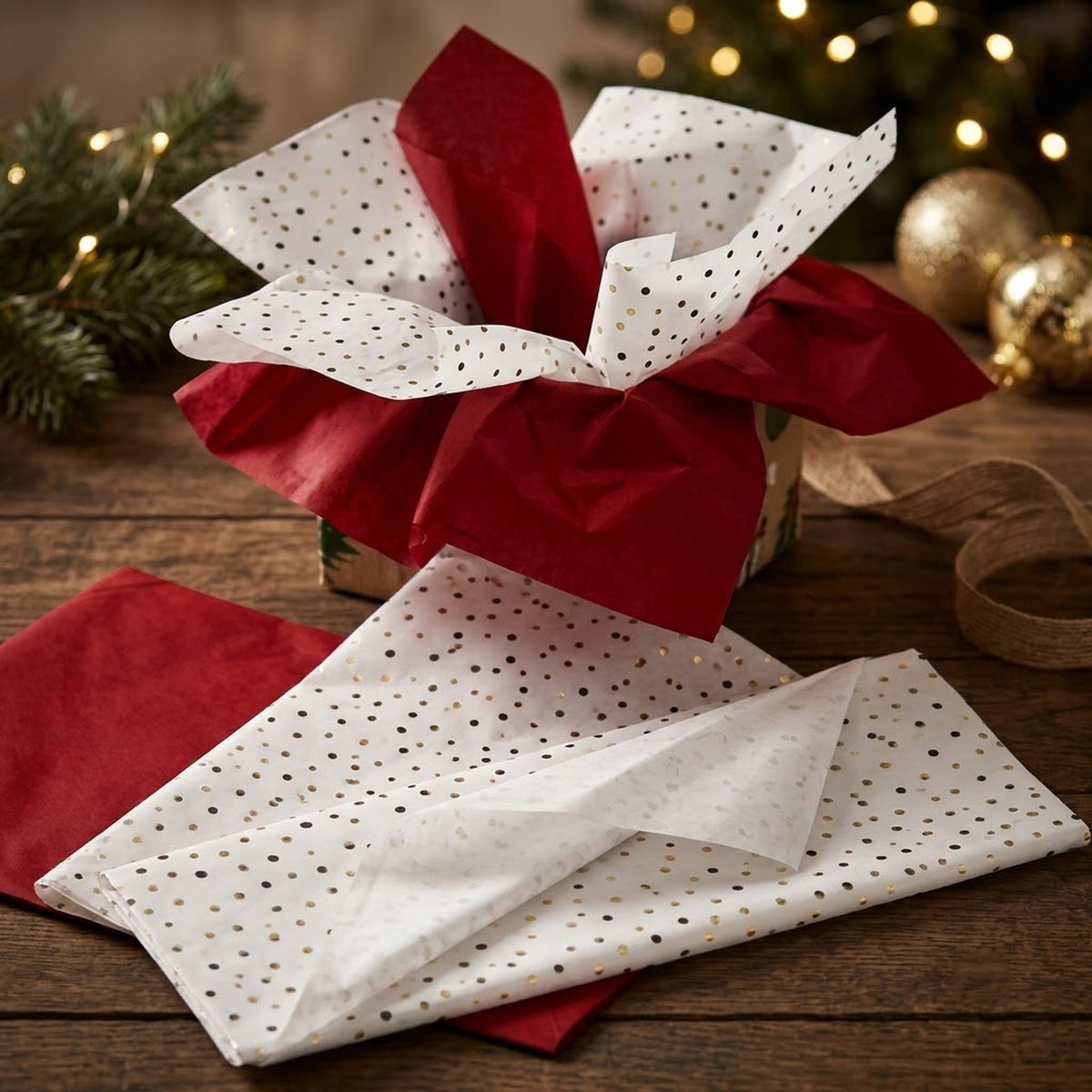 Pack of 8 Confetti Dots Luxury Red Foil Design & Plain Red 50 x 70 cm Tissue Sheets - Christmas, Valentine