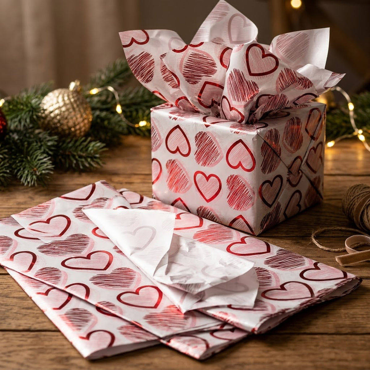 Pack of 5 Heart Medley Design 50 x 70 cm Luxury Red Foil Tissue Sheets - Valentines, Anniversary, Wedding