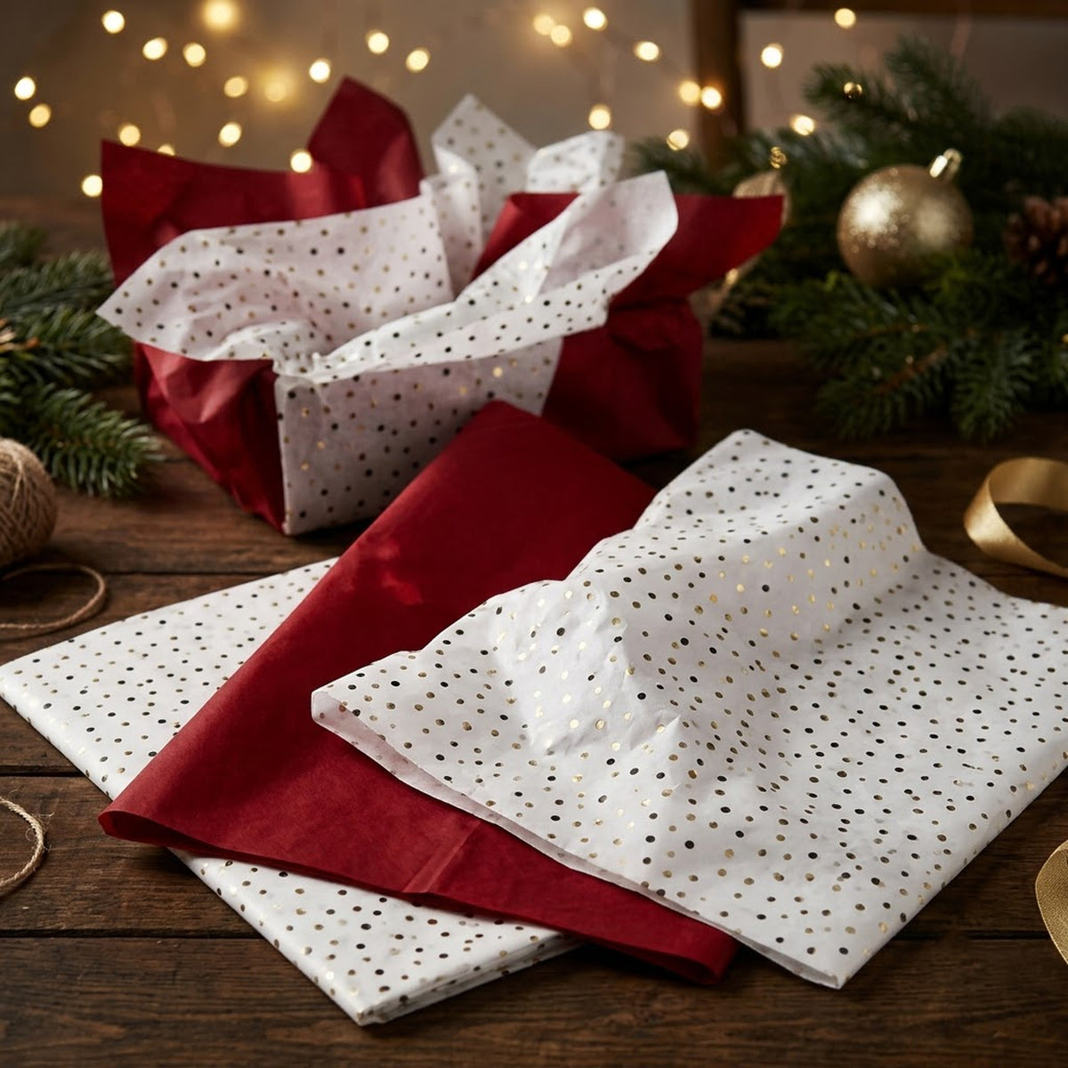 Pack of 8 Confetti Dots Luxury Red Foil Design & Plain Red 50 x 70 cm Tissue Sheets - Christmas, Valentine