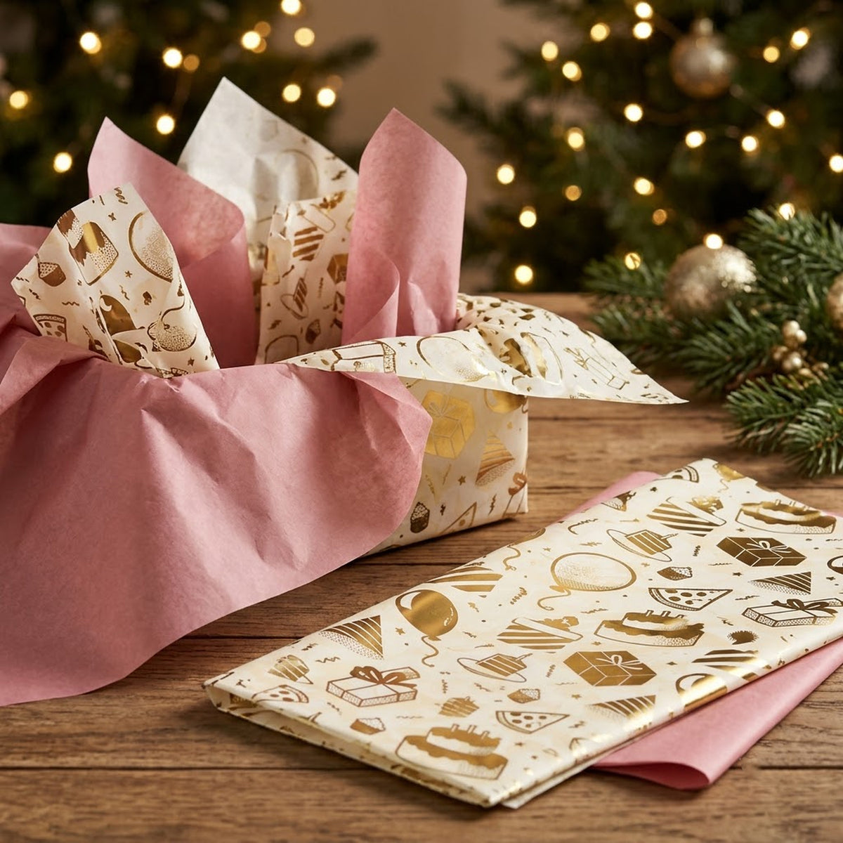 Pack of 8 Birthday Bliss Luxury Gold Foil Design & Plain Pink 50 x 70 cm Tissue Sheets - Girls, Cake, Celebration