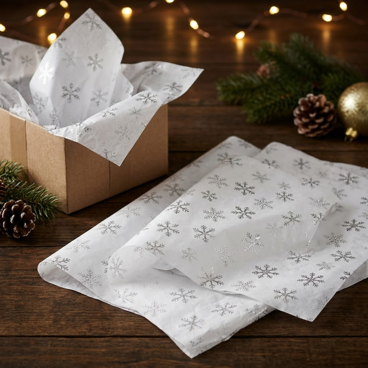 Pack of 5 Christmas Snowflakes Dots Design 50 x 70 cm Luxury Silver Foil Tissue Sheets