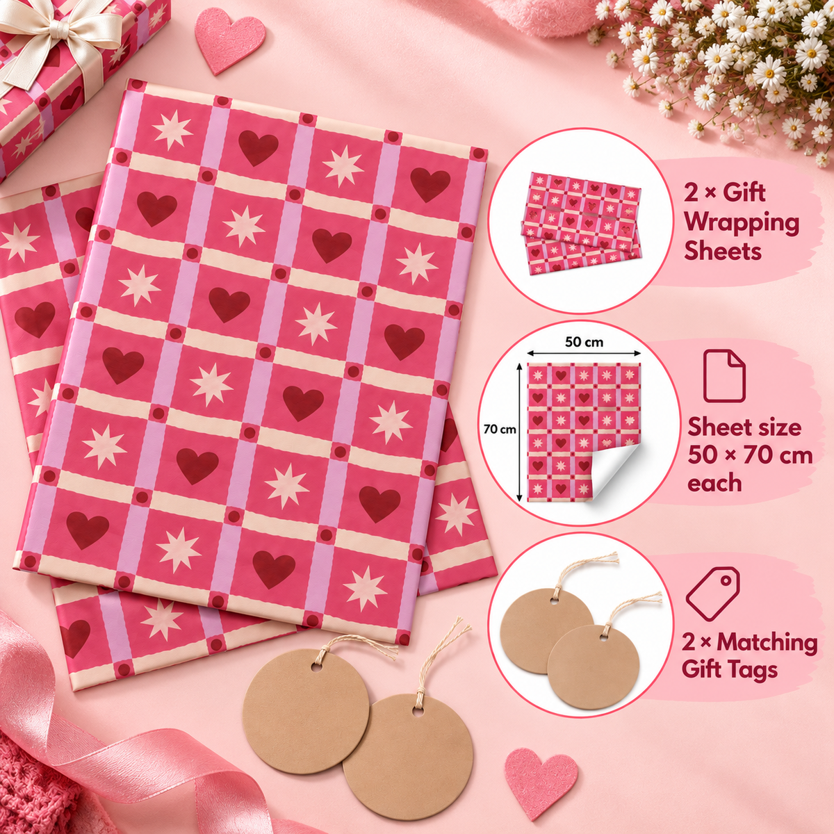 Pack of 2 Heart Quilts Design 50 x 70 cm Gift Wrap Sheets with 2 Tags - Valentine’s Day Christmas Romantic Occasions Birthdays