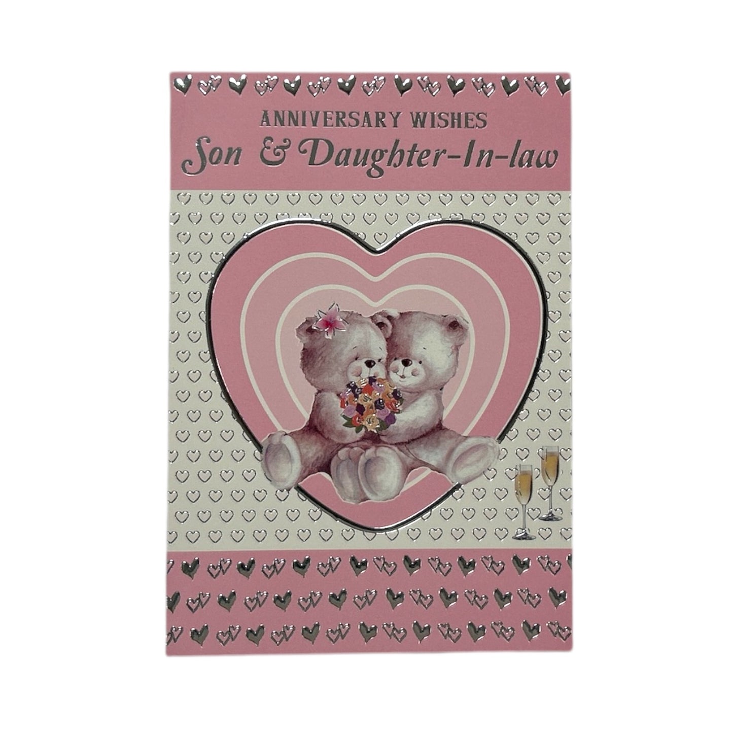 Son and Daughter-in-law Cute Teddies In Pink Heart Anniversary Card