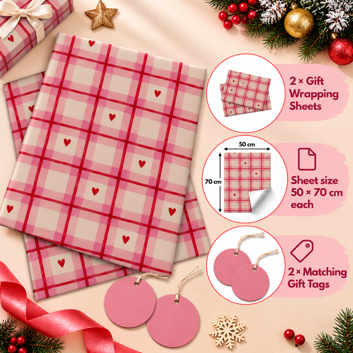 Pack of 2 Love Plaid Design 50 x 70 cm Gift Wrap Sheets with 2 Tags - Valentine’s Day Christmas Romantic Occasions Birthdays
