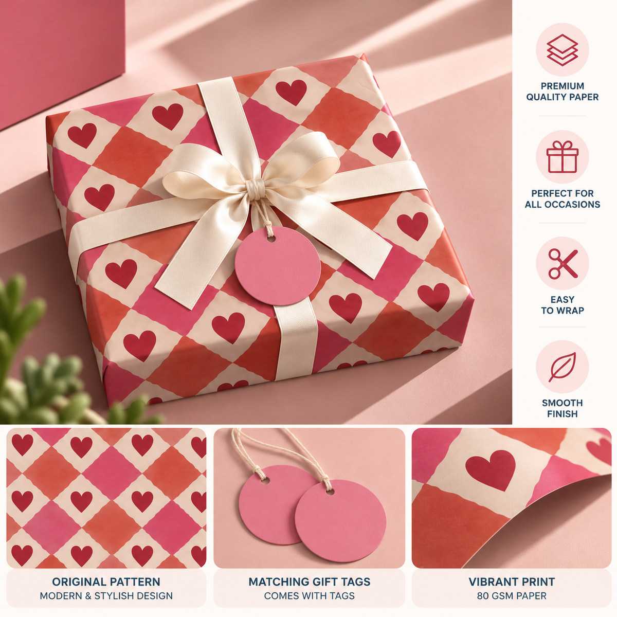 Pack of 2 Valentine Hearts Mosaic Design 50 x 70 cm Gift Wrap Sheets with 2 Tags - Mother's Day Birthdays Everyday Celebrations