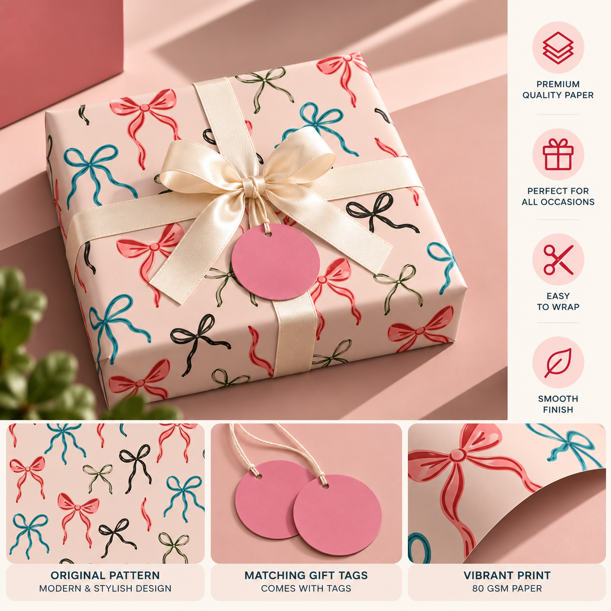 Pack of 2 Bow Pattern Design 50 x 70 cm Gift Wrap Sheets with 2 Tags - Christmas Birthdays Parties Holiday Gifting