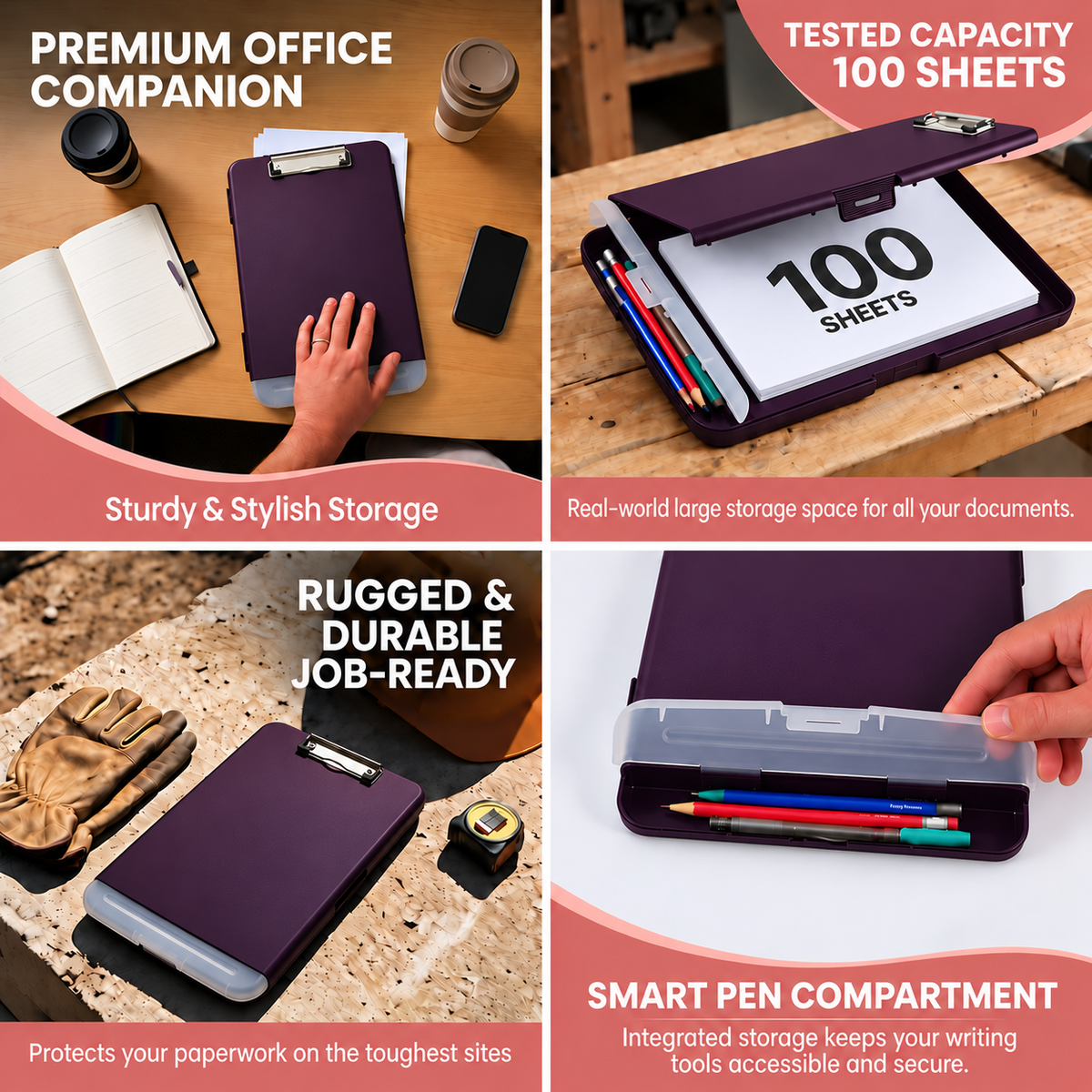 Pack of 6 A4 Purple Plastic Clipboard Box Files With Pencil Holder - Storage Filing Case