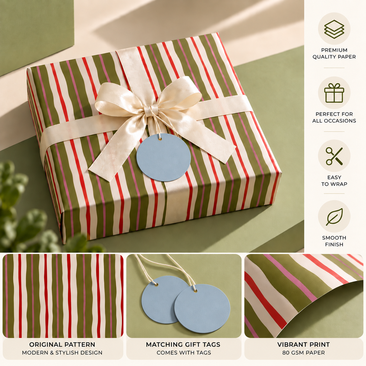 Pack of 2 Playful Stripes Design 50 x 70 cm Gift Wrap Sheets with 2 Tags - Christmas Birthdays Kids Party Holiday Gifting