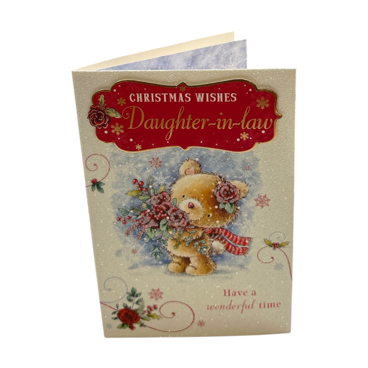 Teddy With Bunch of Flowers Design Daughter In Law Christmas Card