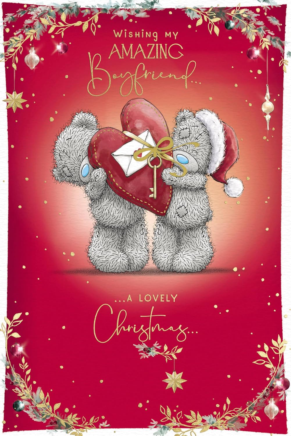 Bear Holding a Large Red Heart Shaped Present Amazing Boyfriend Christmas Card