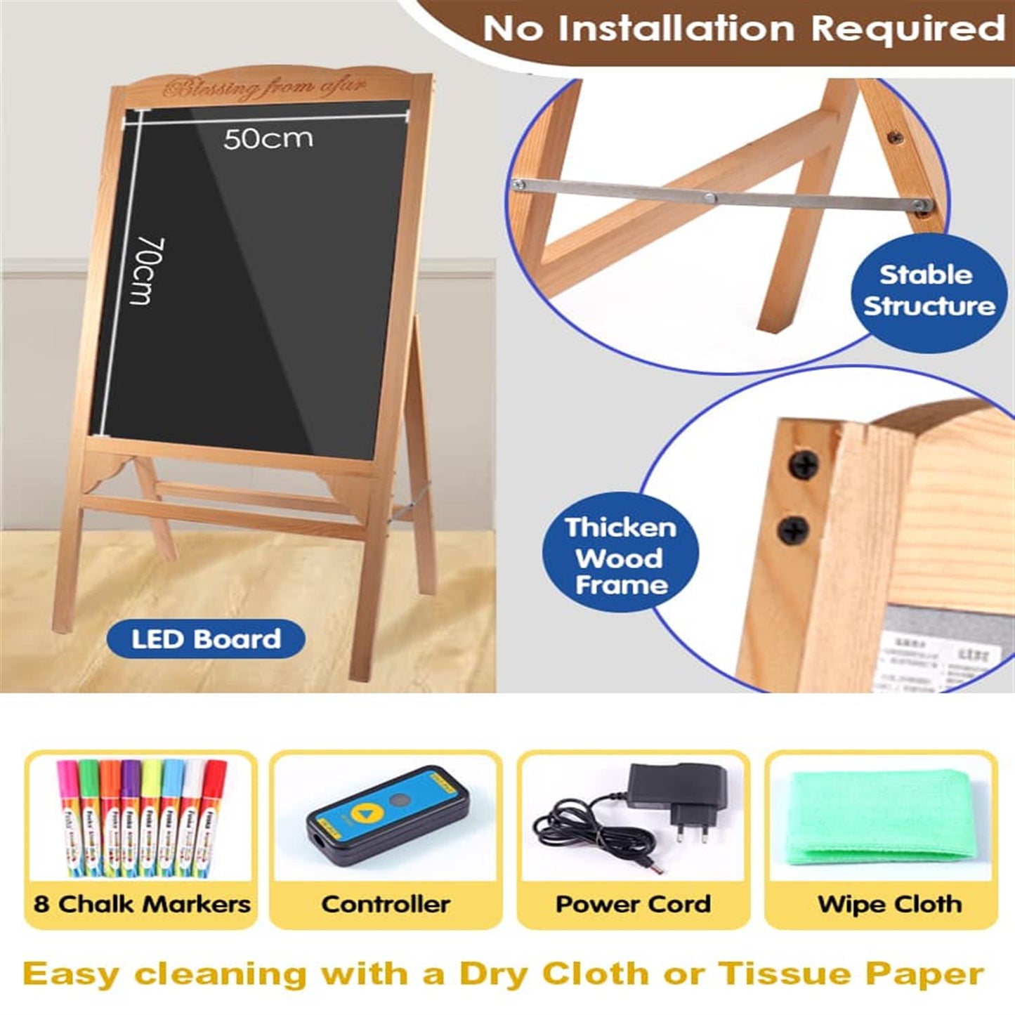 Pine Wood LED Message Board – 70×50 cm Writing Display with Tempered Glass Panel