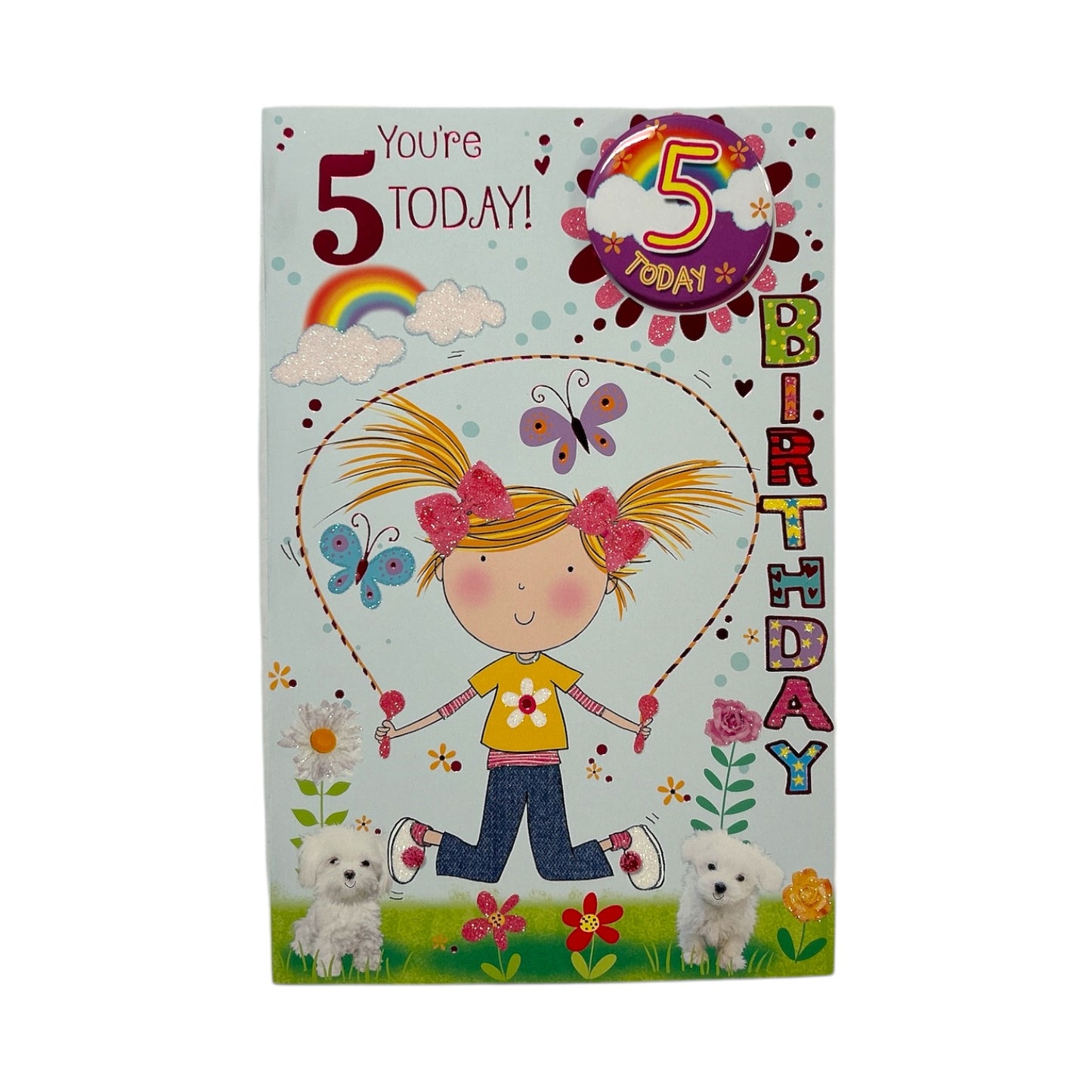 Age 05 Girl Skipping Juvenile Birthday Card With Badge