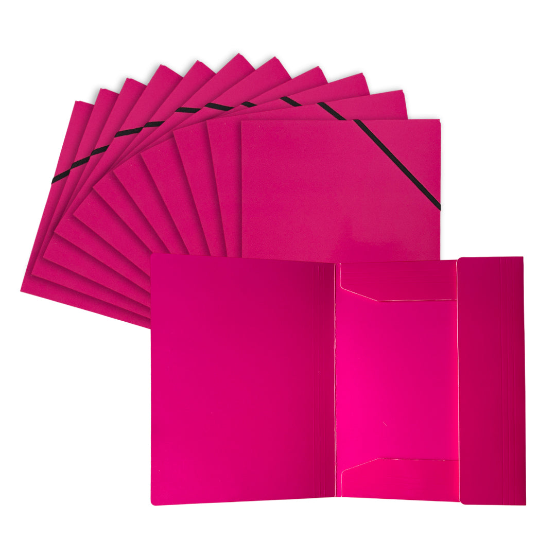 Pack of 12 Janrax A4 Pink Laminated Card 3 Flap Folders with Elastic Closure