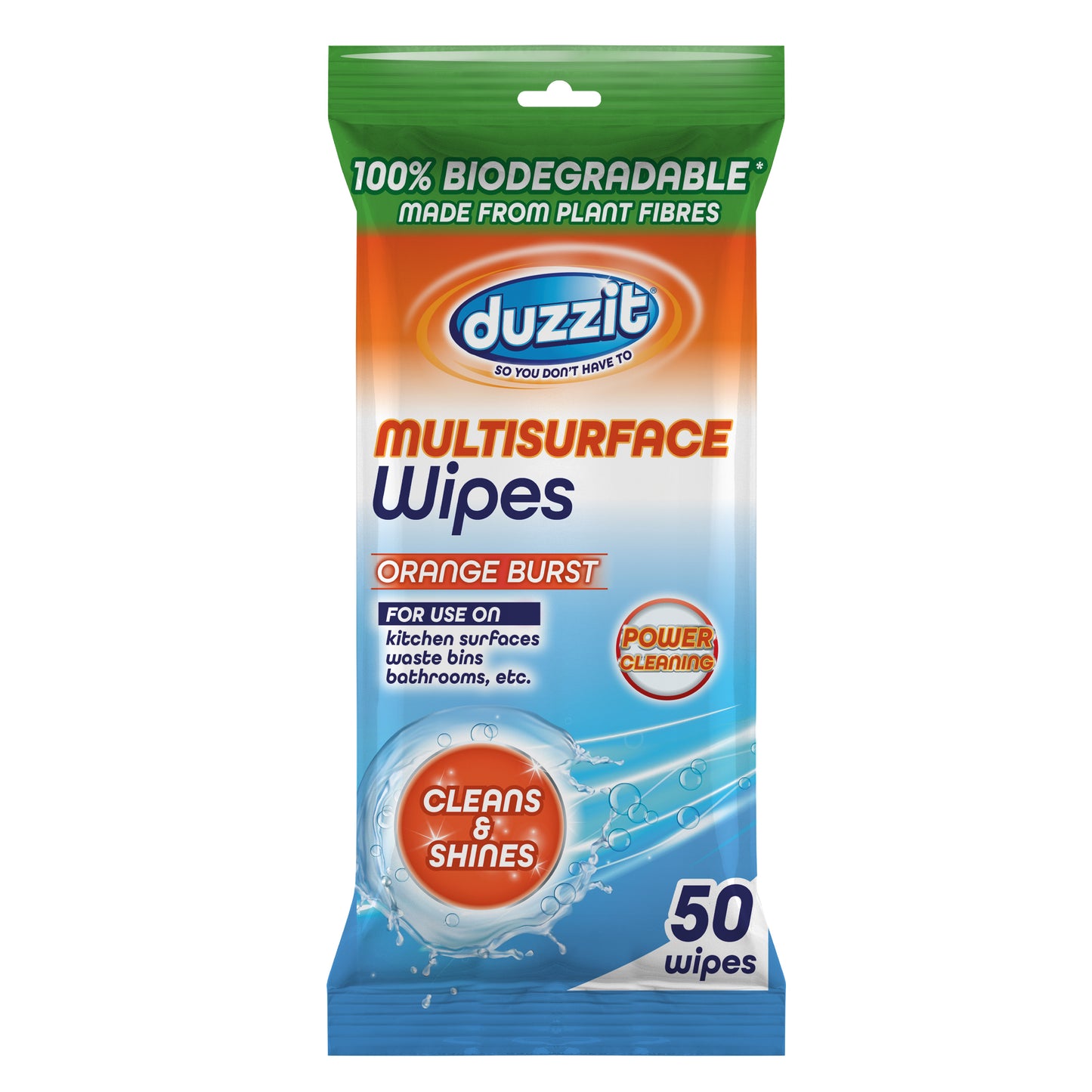 Pack of 50 Duzzit Biodegradable Multisurface Orange Burst Fragrance Wipes