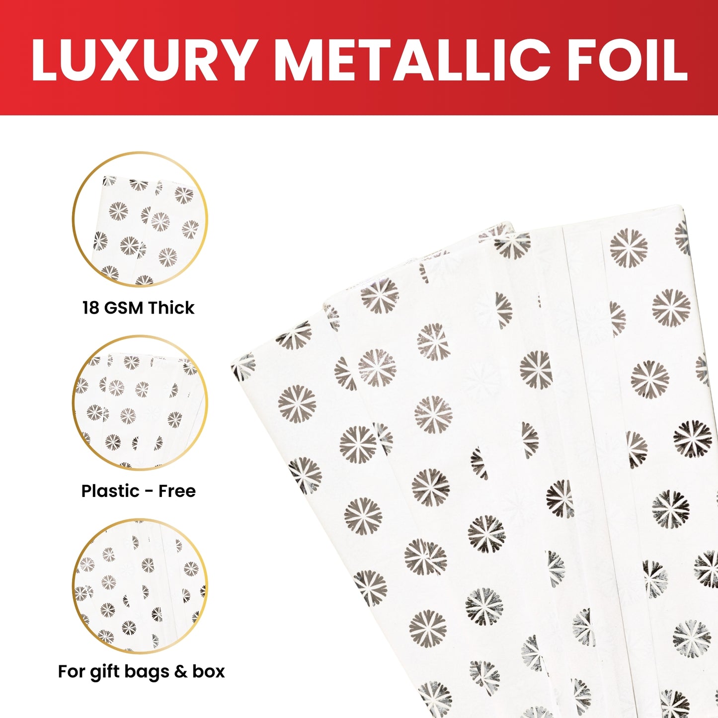 6 x Pack of 10 Flowers Polka Luxury Silver Metallic Plastic-Free 18gsm Tissue Paper Sheets 50x70cm - Patterned Tissue Paper for Xmas, New Year, Party, Wedding, Birthday Packing Present Gift Box DIY Art Crafts