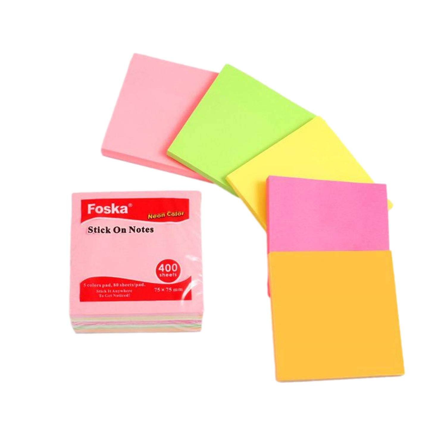 Pack of 400 Sheets Easy To Post Neon Sticky Notes Memo Pads 75x75mm