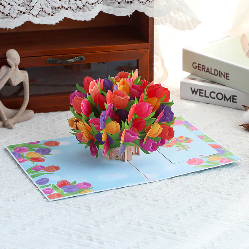Colorful Tulip Bouquet Blue 3D Pop Up Greeting Card