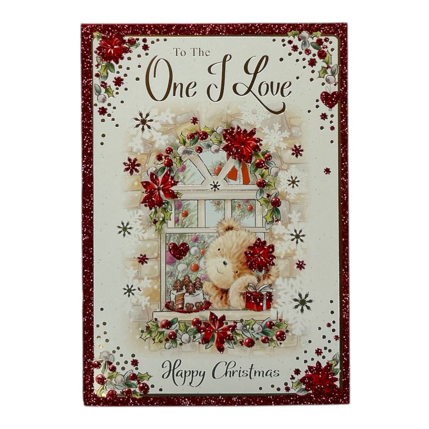 To The One I Love Bear At Window Design Christmas Card