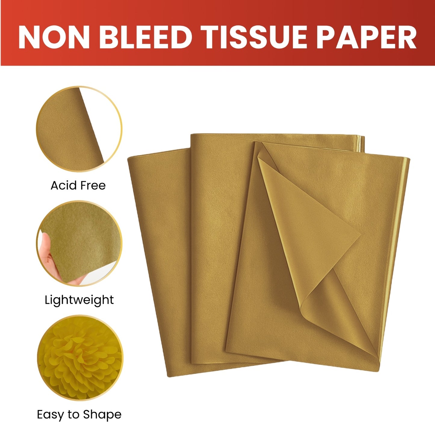 Pack of 180 Metallic Gold Acid Free 50 x 70cm Tissue Paper Sheets
