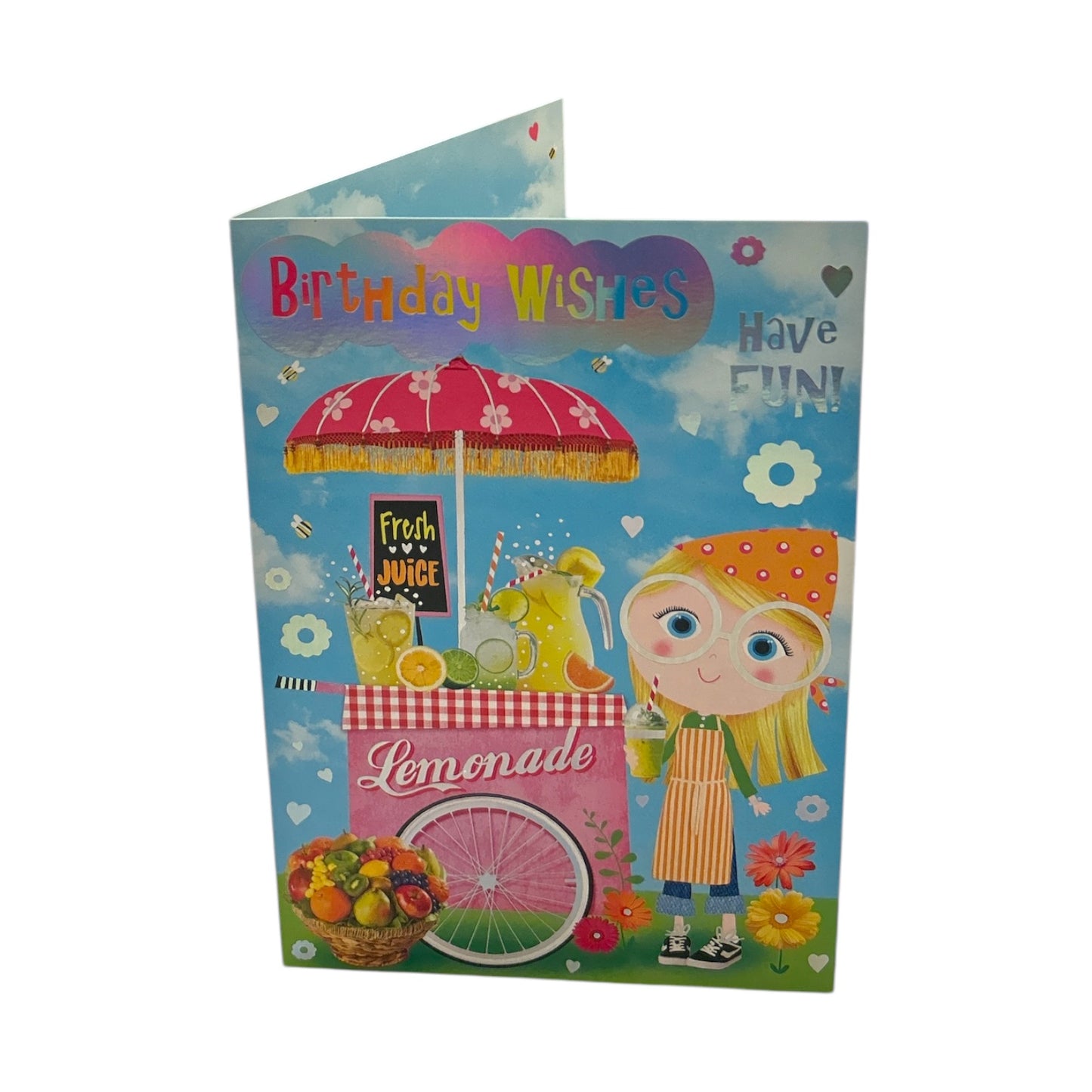 Open Female Juvenile Trendy Pops Girl with Lemonade Design Birthday Card