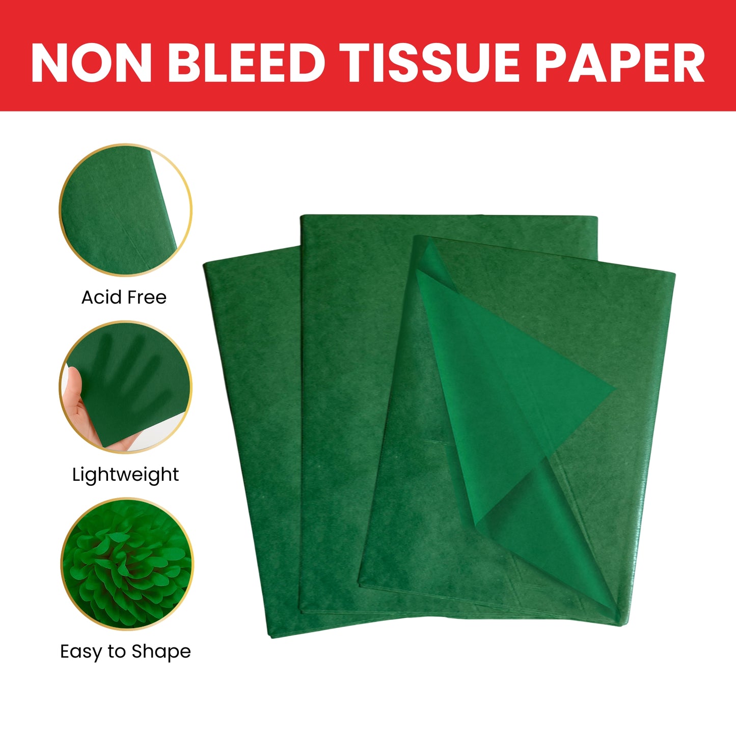 Pack of 180 Dark Green Acid Free 50 x 70cm Tissue Paper Sheets