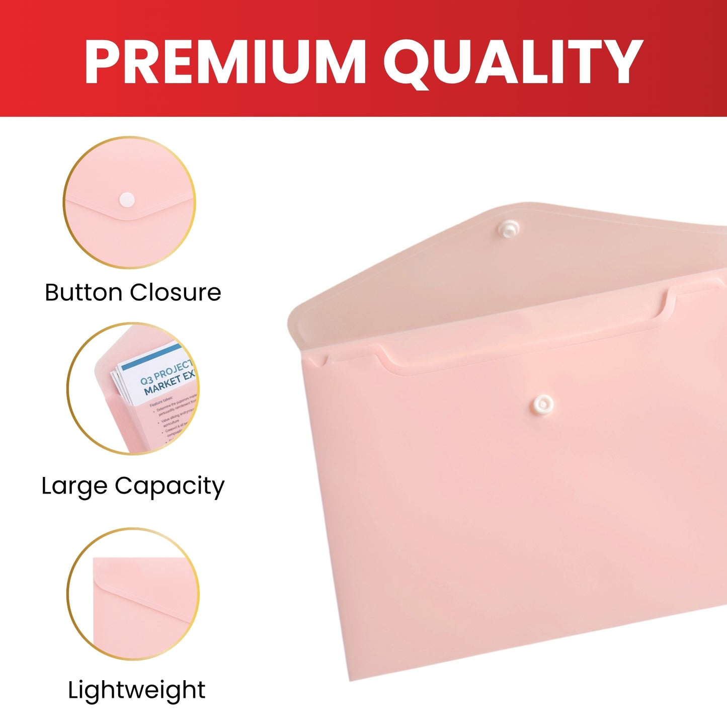 Pack of 12 A5 Ivory Soft Touch Plastic Document Wallets with Button Closure
