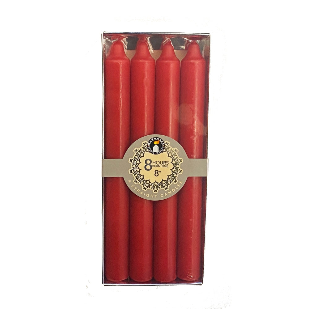 Set Of 4 8'' Straight Red Candles - 8 Hours Burn Time