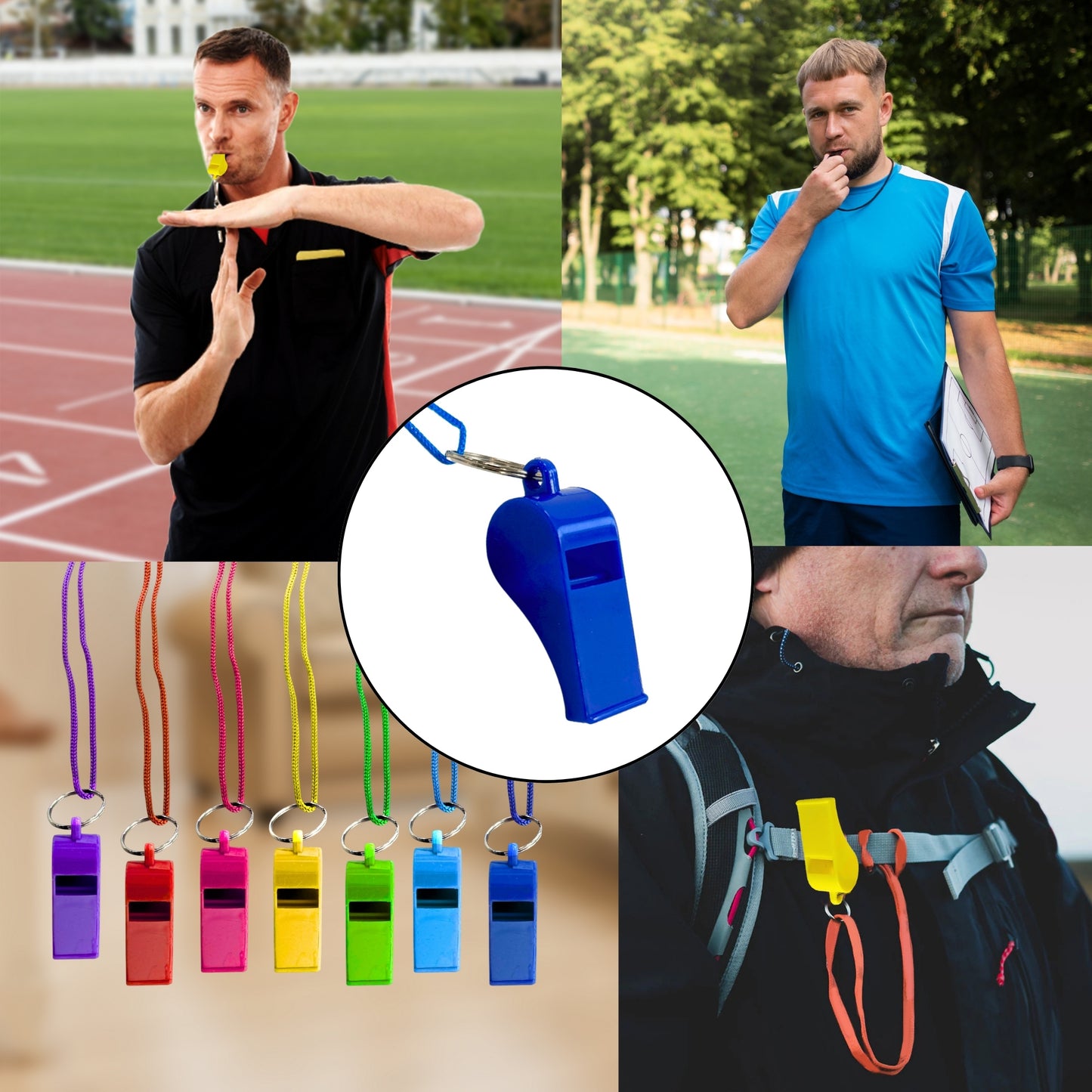 Pack of 100 Assorted Colour Whistles with Lanyards