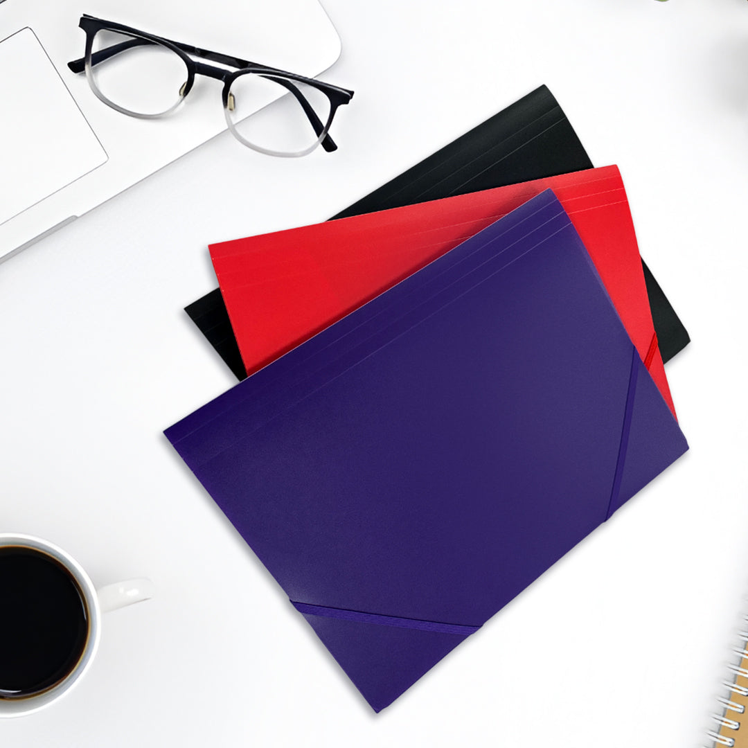 Pack of 12 A4 Purple 3 Flap Folders with Elasticated Closure