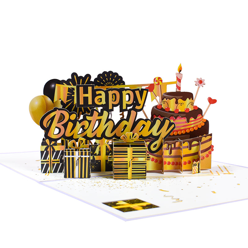 Layered Cake Design Black and Gold Accents 3D Pop Up Birthday Card
