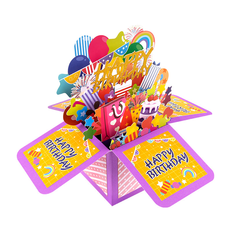 Rainbow Wishes 3D Pop Up Birthday Box Card - Fireworks Cake Balloons Surprise Gift Box