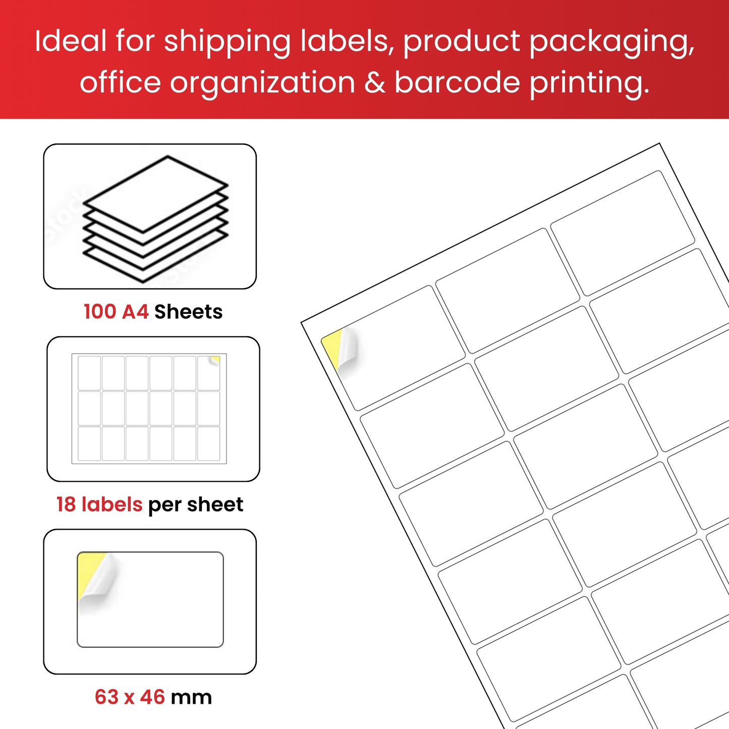 Pack of 1800 White 63x46mm Self Adhesive Labels (18 Labels per A4 Sheet)