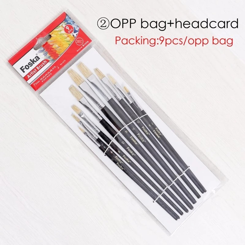 Pack of 9 Assorted Size Wooden Handle Bristle Hair Artist Paint Brush Set