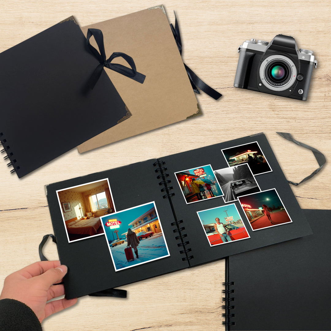 Pack of 12 Spiral Bound 180gsm Kraft Scrapbooks with Ribbon Closure and Metal Corners - 30 Sheets 20x20cm