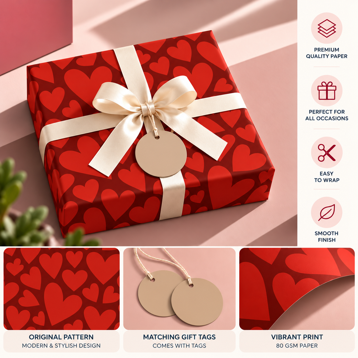 Pack of 2 Scarlet Hearts Design 50 x 70 cm Gift Wrap Sheets with 2 Tags - Valentine’s Day Christmas Romantic Occasions Birthdays