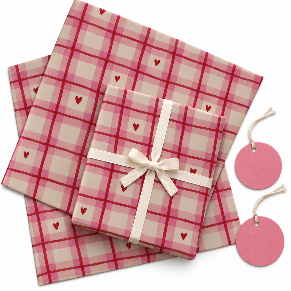 Pack of 2 Love Plaid Design 50 x 70 cm Gift Wrap Sheets with 2 Tags - Valentine’s Day Christmas Romantic Occasions Birthdays