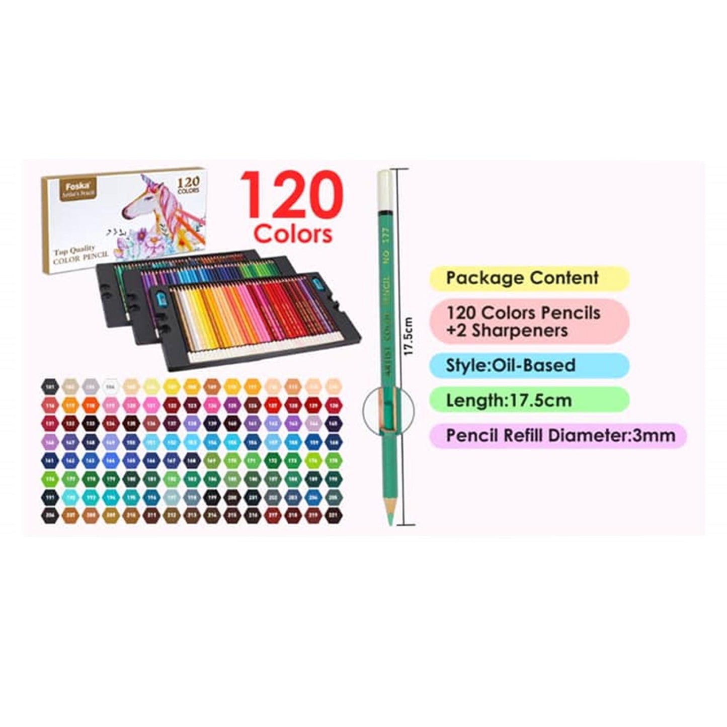Pack of 120 Oily Colour Pencils With Sharpeners